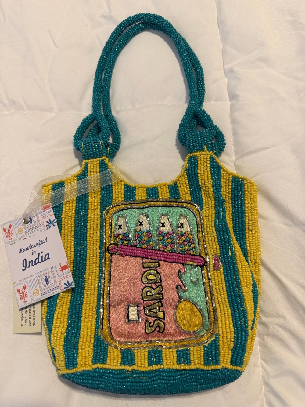 NWT- Made In India Handcrafted Teal & Yellow Beaded Tote with Sardine Artwork